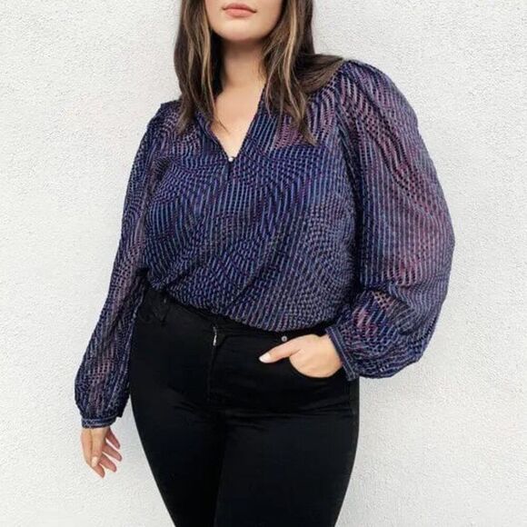 TANYA TAYLOR Rebecca Split Neck Blue & Purple Clip Dot Blouse NWOT Size 16 - Picture 1 of 7